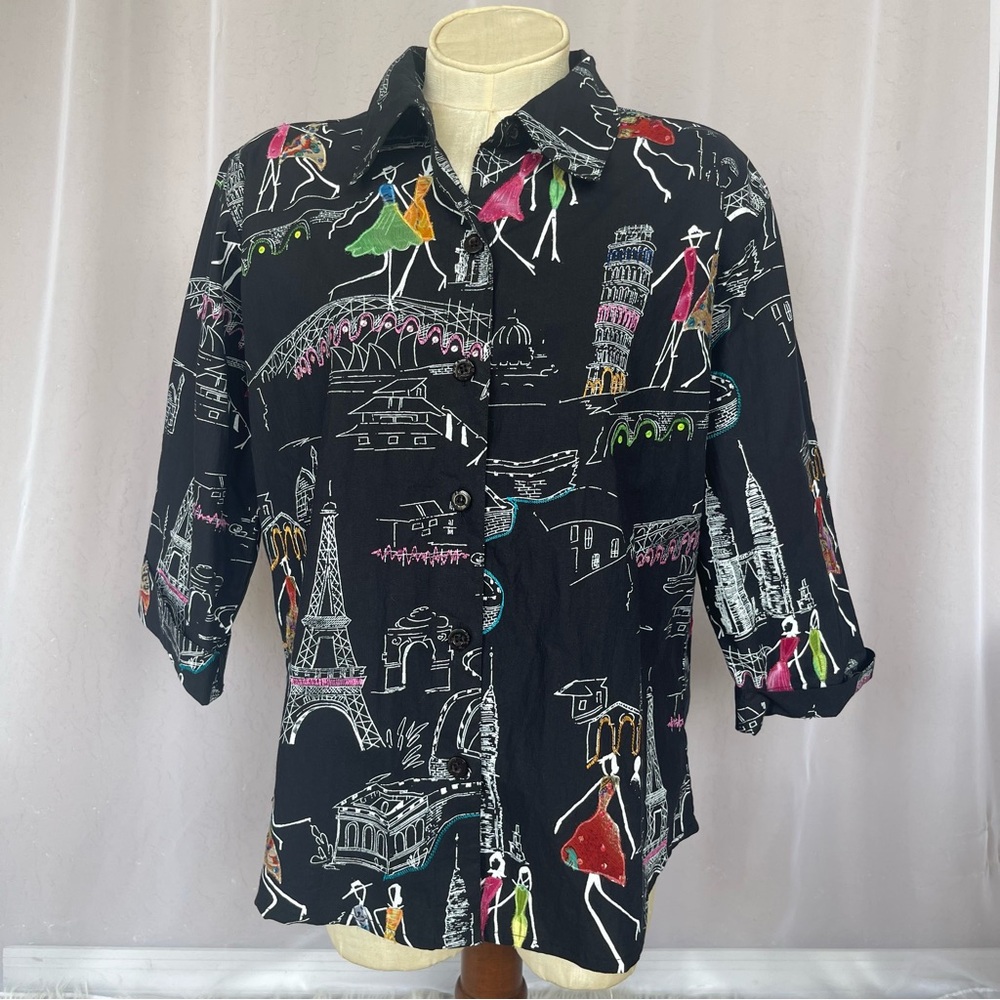Life Style Trave Top,Shirt Embroidered Artwork 3/4 Short Sleeve, Black, Sz XL
